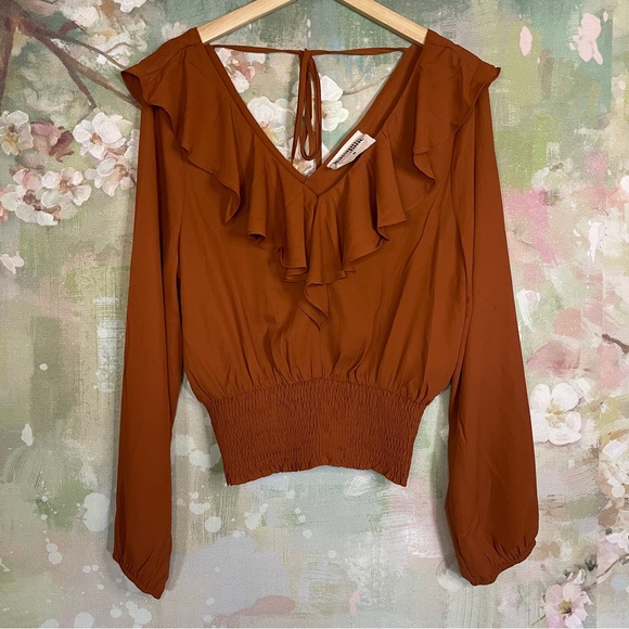Savanna Jane‎ Rust Brown Ruffled Smocked Tie Back Blouse - Picture 1 of 6